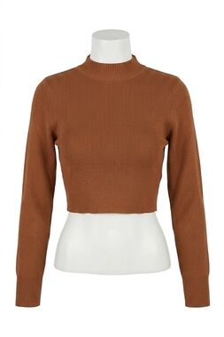NEW ENDLESS BLU. cropped open-back mock neck sweater in amber brown